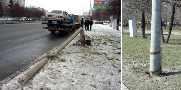 Как видно на фотографиях, сбитый в ДТП 20 ноября прошлого года фонарный столб на проспекте Мира, перед остановкой "Райисполком", восстановлен.