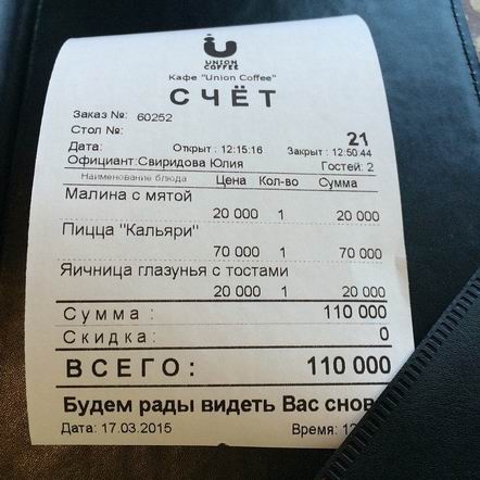 Изменение размера счет в кафе